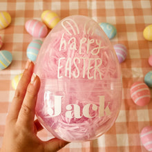 Load image into Gallery viewer, Pink Easter egg with 'Happy Easter Jack' text on a checkered background