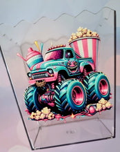 Load image into Gallery viewer, Colorful monster truck with popcorn and candy on a clear stand