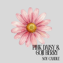 Load image into Gallery viewer, Pink daisy with yellow center on a gray background, labeled 'Pink Daisy & Goji Berry Soy Candle'.