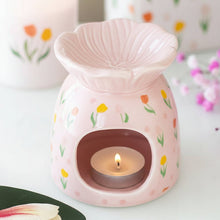 Load image into Gallery viewer, Pink ceramic oil burner with floral design on a white surface