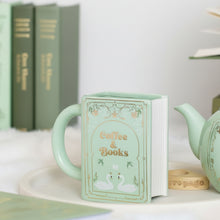Load image into Gallery viewer, Mint green mug designed like a book with 'Coffee &amp; Books' text and swan illustrations.
