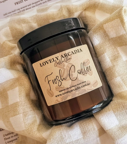 Jar of 'Fresh Coffee' from Lovely Arcadia on a checkered fabric background