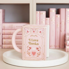 Load image into Gallery viewer, Pink mug with 'I Love Books' design on a white surface

