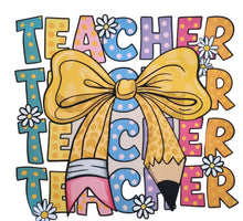 Load image into Gallery viewer, Colorful tote bag with &#39;Teacher&#39; text, yellow bow, and flowers on a white background
