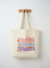 Load image into Gallery viewer, Beige tote bag with colorful &#39;Teacher Teacher Teacher&#39; text and decorative elements on a beige background.
