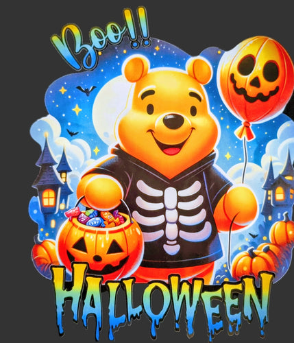 Cartoon bear in a Halloween costume with pumpkins and candy, surrounded by festive decorations on a dark background.