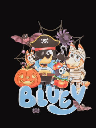 Character design with 'Bluey' on a black background, featuring Halloween-themed costumes.