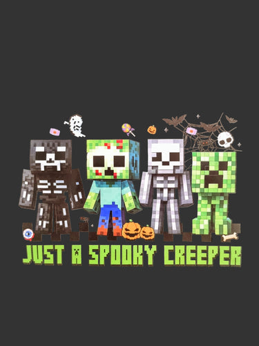Four pixelated characters resembling skeletons and a creeper from Minecraft on a dark background with 'Just a Spooky Creeper' text.