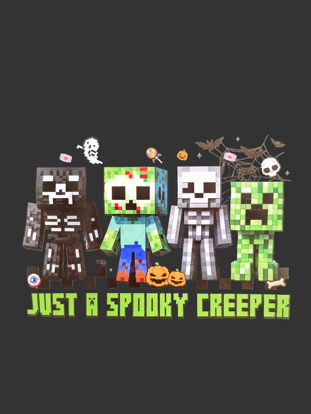 Four pixelated characters resembling skeletons and a creeper from Minecraft on a dark background with 'Just a Spooky Creeper' text.