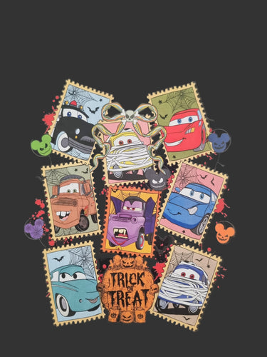 Halloween-themed car illustrations on a black background with 'Trick or Treat' text.
